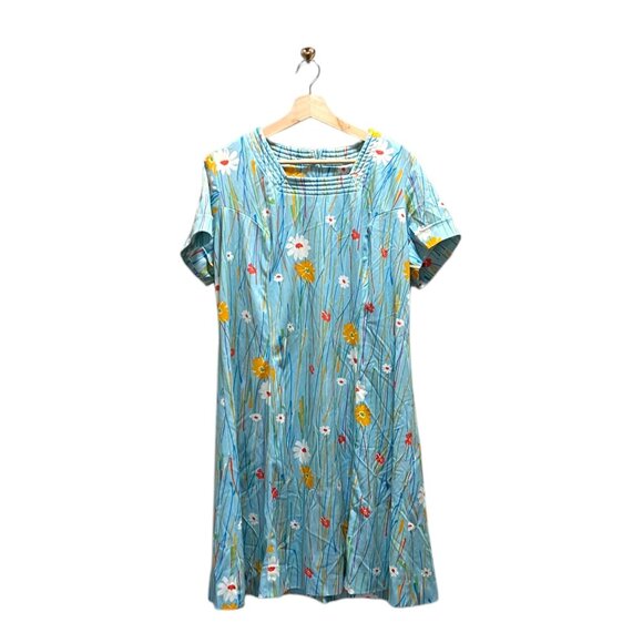 Vintage 70’s Floral Shift Midi Dress Blue Size L Retro Coastal Vacation Summed - Picture 1 of 10